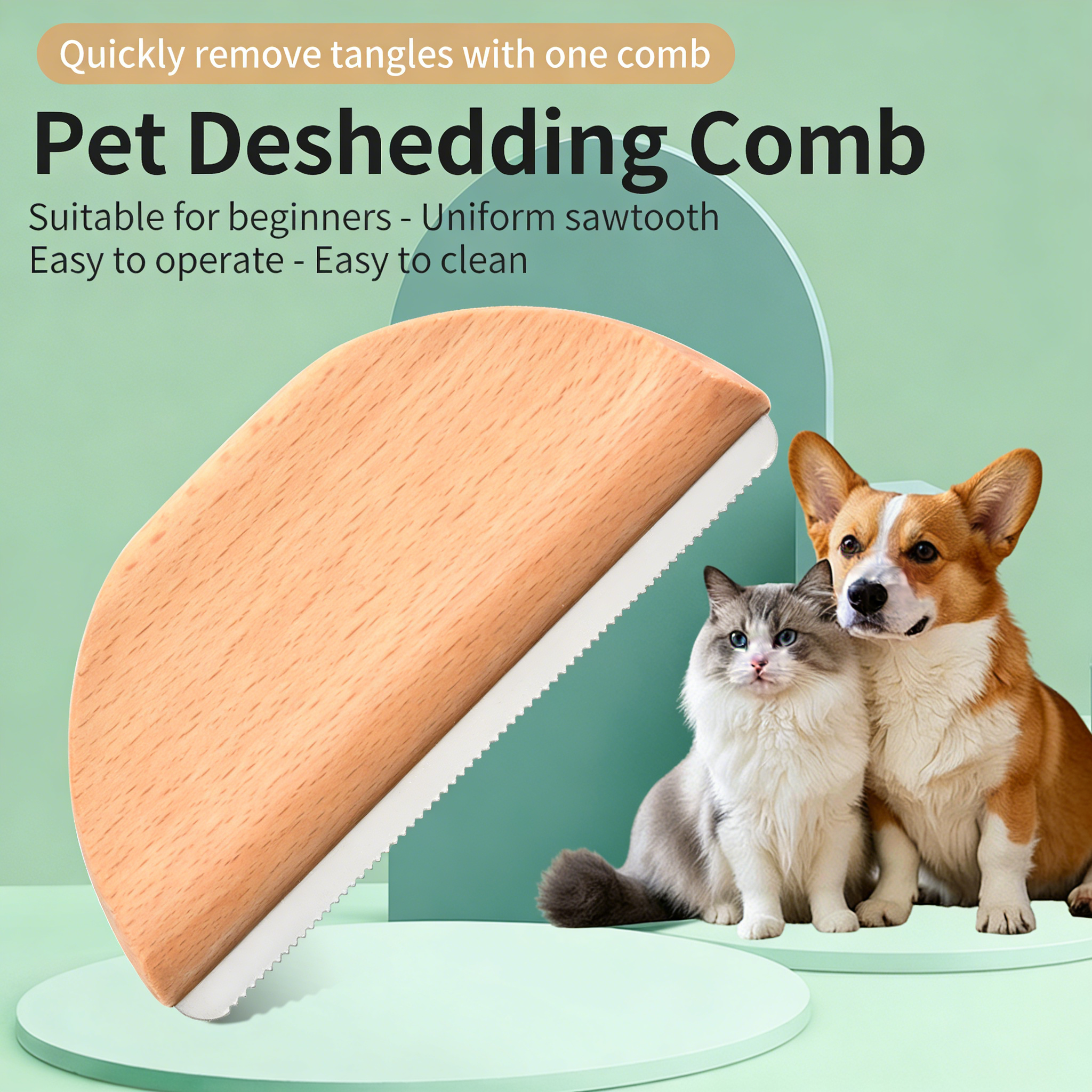 Cross-border New Cat & Dog Comb, Semi-Circular Wooden Pet Detangling & Shedding Brush, Pet Grooming Tool
